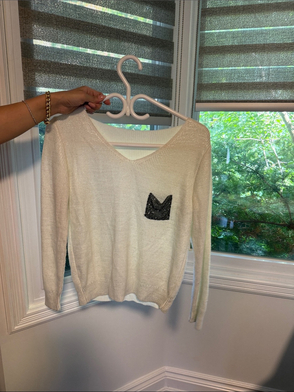 Women's Cream V-Neck Sweater with Black Sequin Patch